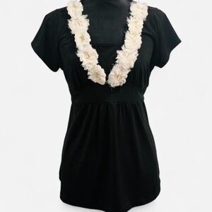 New Directions Black Rosette Trim V-Neck Tie-Back Blouse Y2K Size Petite Large